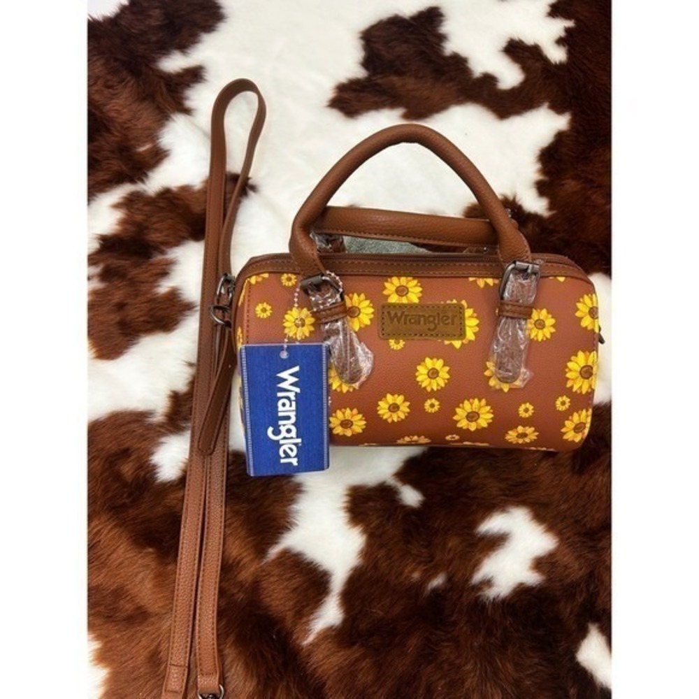 Wrangler Sunflower Barrel Crossbody Bag Brown Vegan Leather Western Satchel NEW